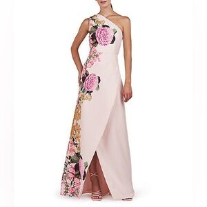 Kay Unger stretch crepe floral border print one shoulder dress